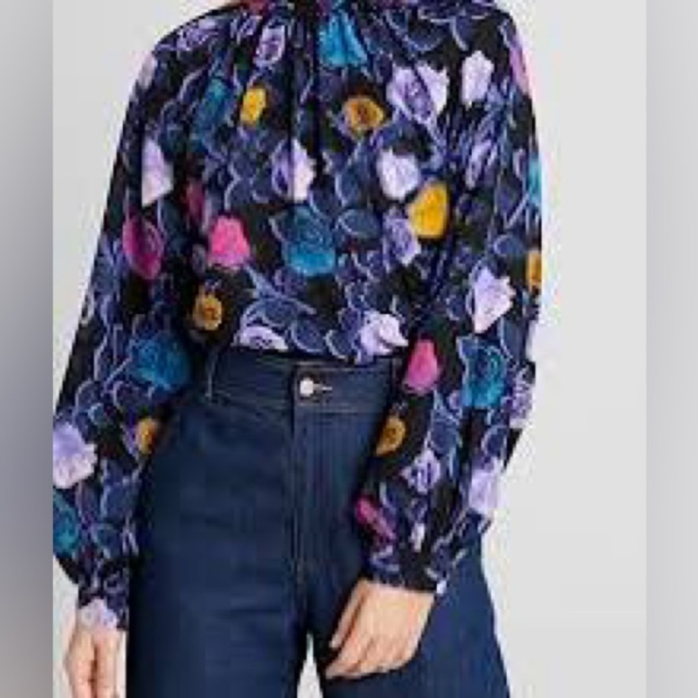 NWT Monki Womens Colorful Floral Rose Print Puff Sleeve Silly Blouse Size Small - Picture 2 of 16